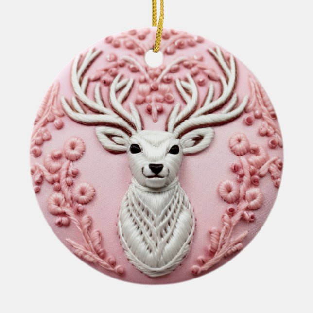 Majestic Deer Embroidery Ceramic Tree Decoration (Front)