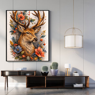 Majestic Deer Floral Art Poster Stag Illustration