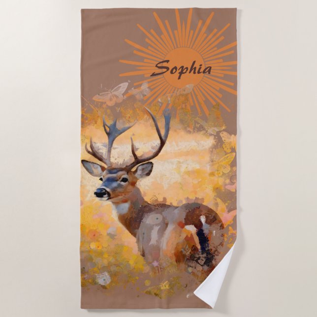 Majestic Deer in a Field of Wildflowers Beach Towel (Front)