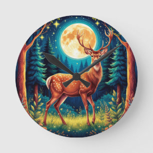 Majestic Deer in a Lush Forest Round Clock