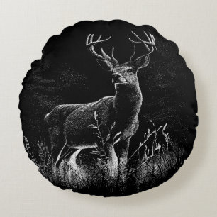 Majestic Deer in the Wilderness – Black&White Art Round Cushion