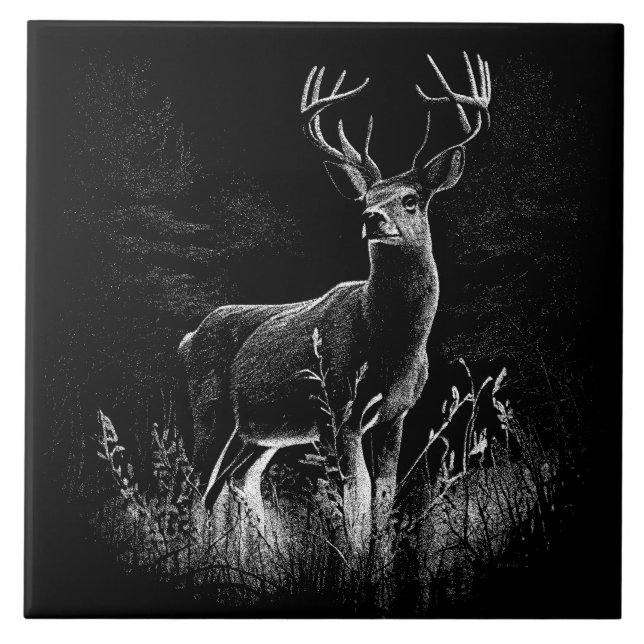 Majestic Deer in the Wilderness – Black&White Art Tile (Front)