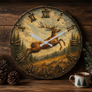 Majestic Deer Rustic Wildlife Jumping Buck Hunting Large Clock
