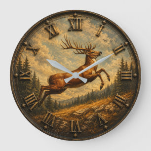 Majestic Deer Rustic Wildlife Jumping Buck Hunting Large Clock