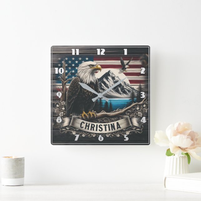 Majestic Eagle Against Mountain Landscape Square Wall Clock (Home)