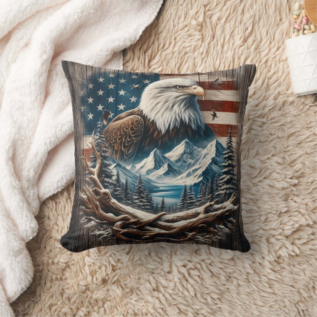 Majestic Eagle Among Mountains and American Flag Cushion (Blanket)