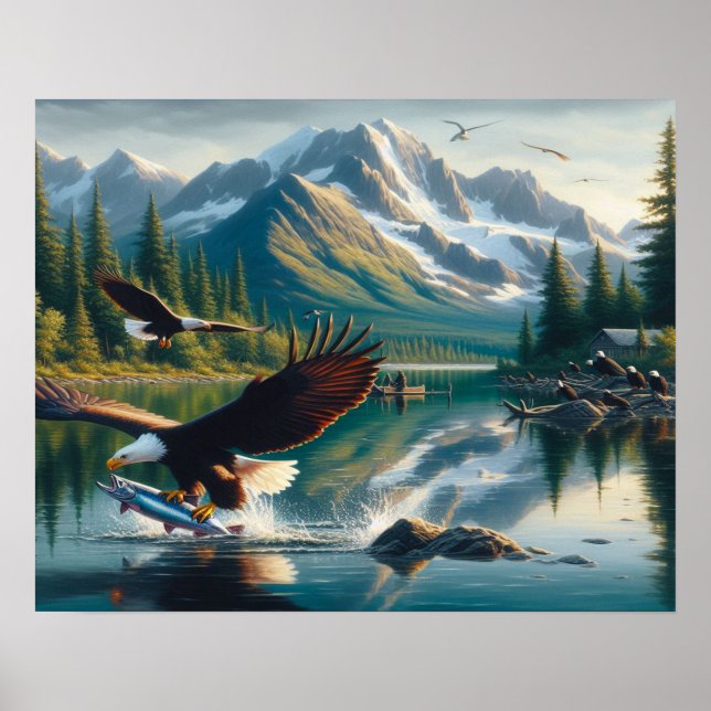 Majestic Eagle Capturing Fish at Sunrise 20x16 Poster (Front)