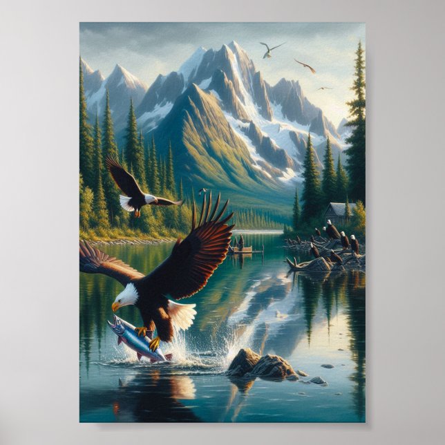 Majestic Eagle Capturing Fish at Sunrise 5x7 Poster (Front)