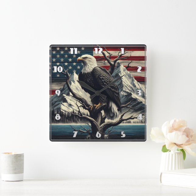 Majestic Eagle Displaying Strength Near Mountains Square Wall Clock (Home)