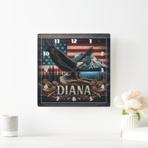 Majestic Eagle Displaying Strength Over Mountains Square Wall Clock