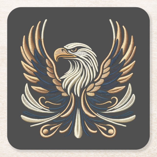 Majestic Eagle Embroidery Design Square Paper Coaster (Front)