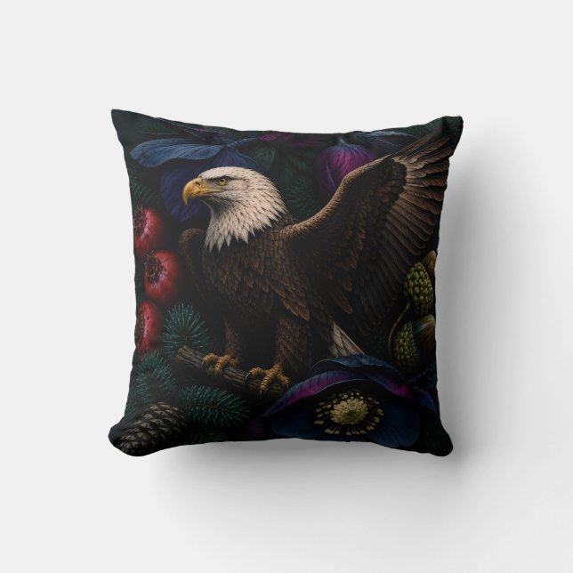 Majestic Eagle in Midnight Botanical Garden Cushion (Front)