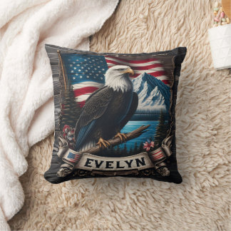 Majestic Eagle on Branch With Mountains and Flag Cushion