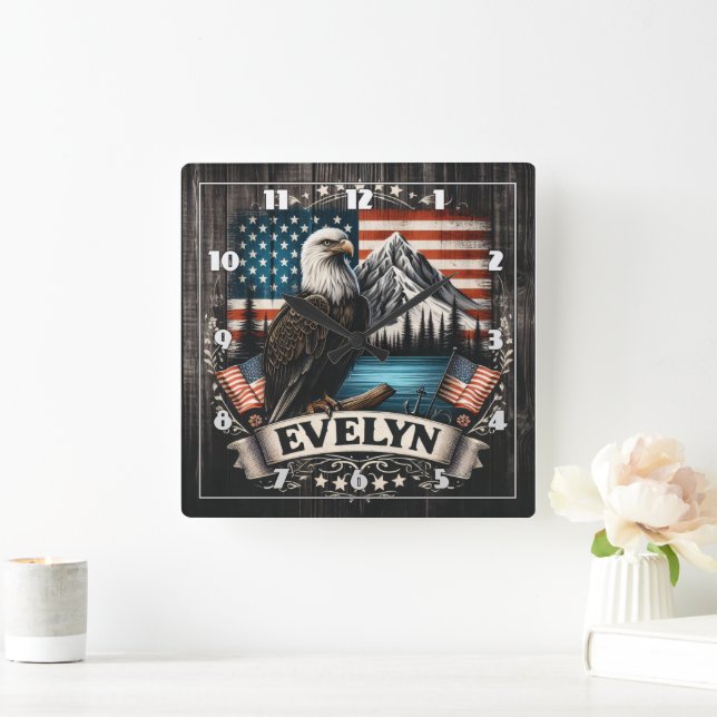 Majestic Eagle Over American Landscape Square Wall Clock (Home)