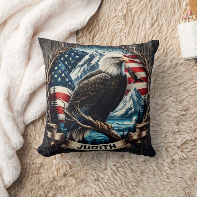 Majestic Eagle Over American Mountains and Flag Cushion (Blanket)