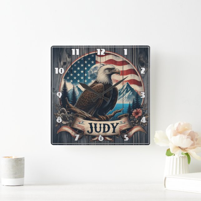 Majestic Eagle Over Water With Mountain Background Square Wall Clock (Home)