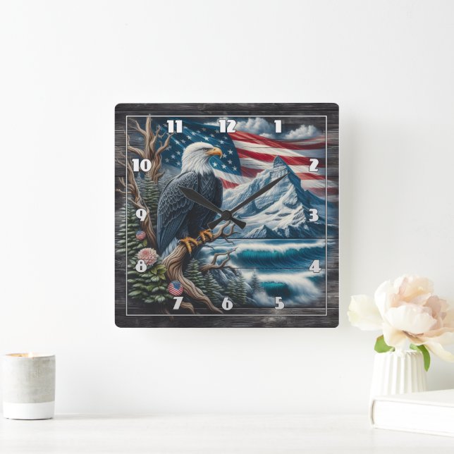 Majestic Eagle Overlooking Mountain and Ocean Square Wall Clock (Home)