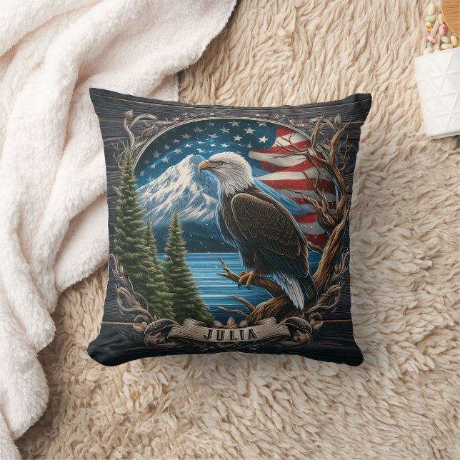 Majestic Eagle Overlooking Mountains and Flag Cushion (Blanket)