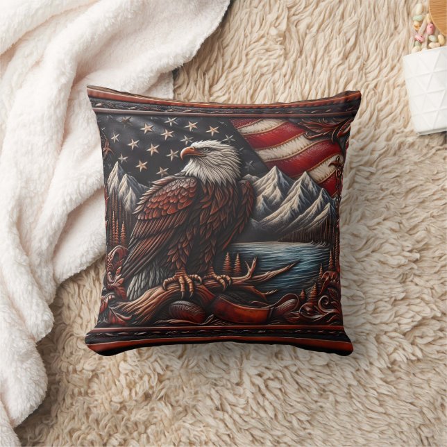 Majestic Eagle Overlooking Mountains and Flag Cushion (Blanket)