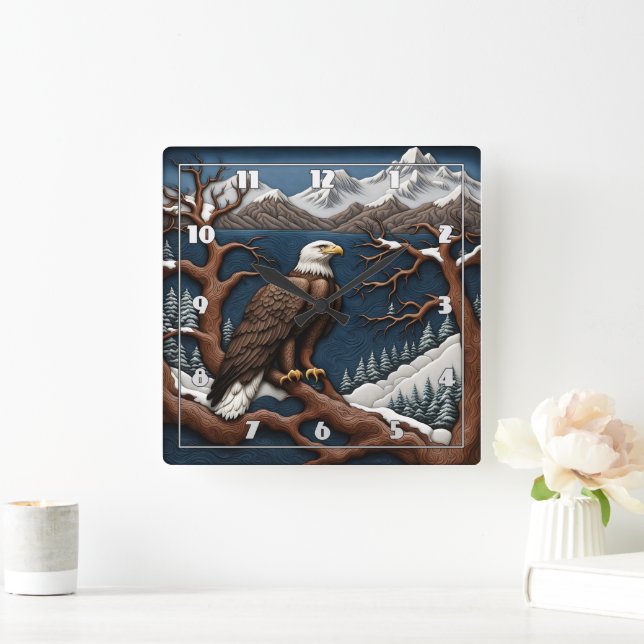 Majestic Eagle Overlooking Snowy Mountains Square Wall Clock (Home)