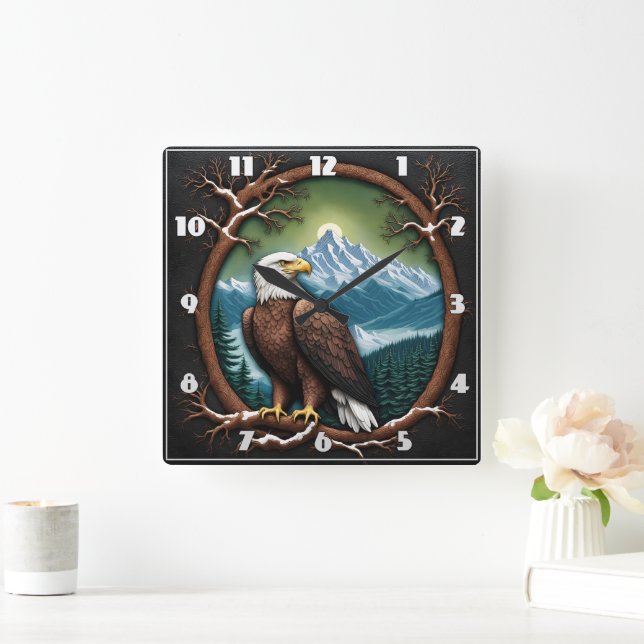 Majestic Eagle Overlooking Snowy Mountains Square Wall Clock (Home)