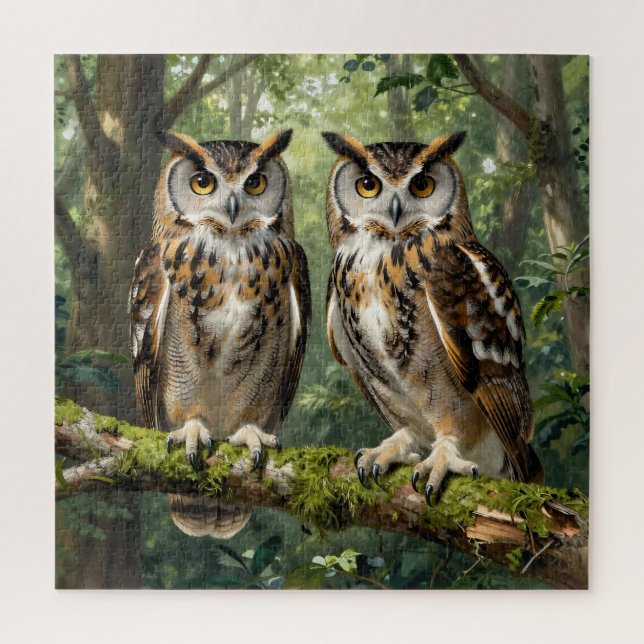 Majestic Eagle Owls Forest Perch Jigsaw Puzzle (Vertical)