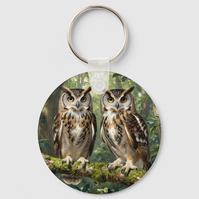 Majestic Eagle Owls Forest Perch Key Ring (Front)