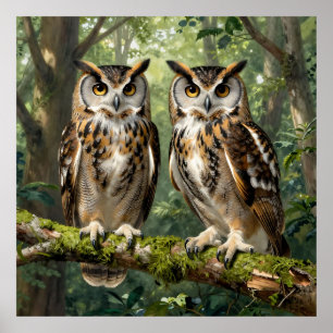 Majestic Eagle Owls Forest Perch Poster