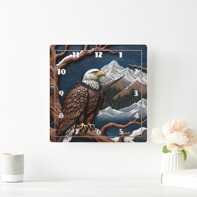 Majestic Eagle Perched Amidst Snowy Mountains Square Wall Clock (Home)
