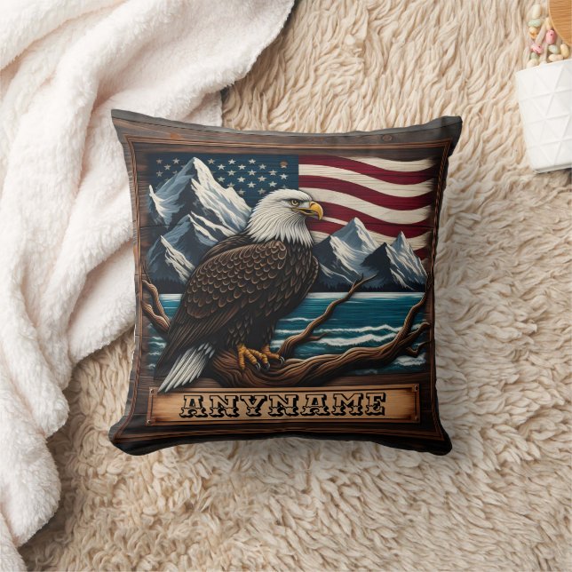 Majestic Eagle Perched By Mountains And Flag Cushion (Blanket)