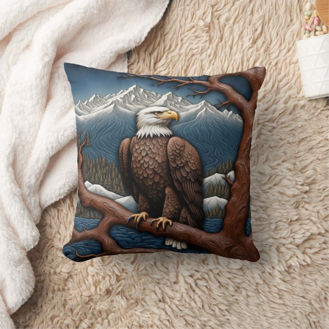 Majestic Eagle Perched by Serene Mountain Lake Cushion (Blanket)