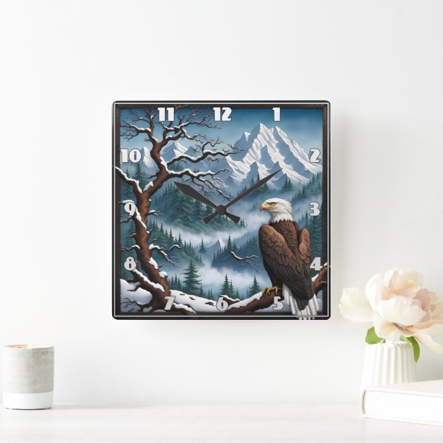 Majestic Eagle Perched in Snowy Mountain Landscape Square Wall Clock (Home)