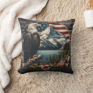 Majestic Eagle Perched on Tree Near Mountains Cushion