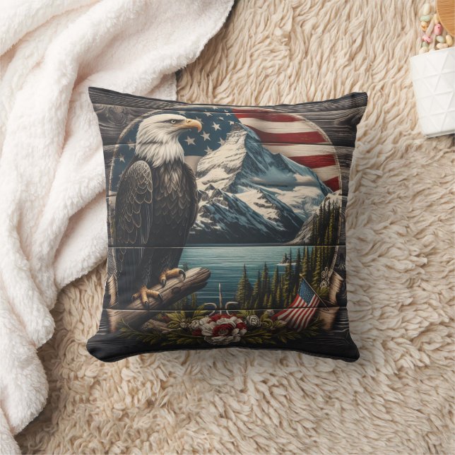 Majestic Eagle Perched on Tree Near Mountains Cushion (Blanket)