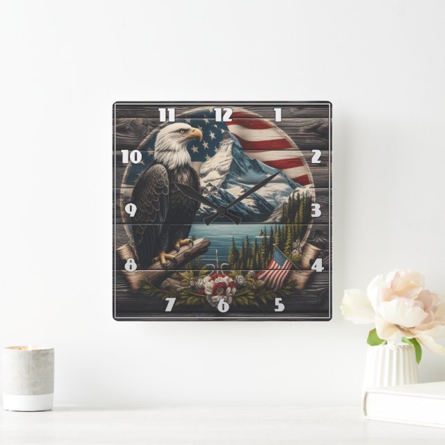 Majestic Eagle Perched on Tree Near Mountains Square Wall Clock (Home)