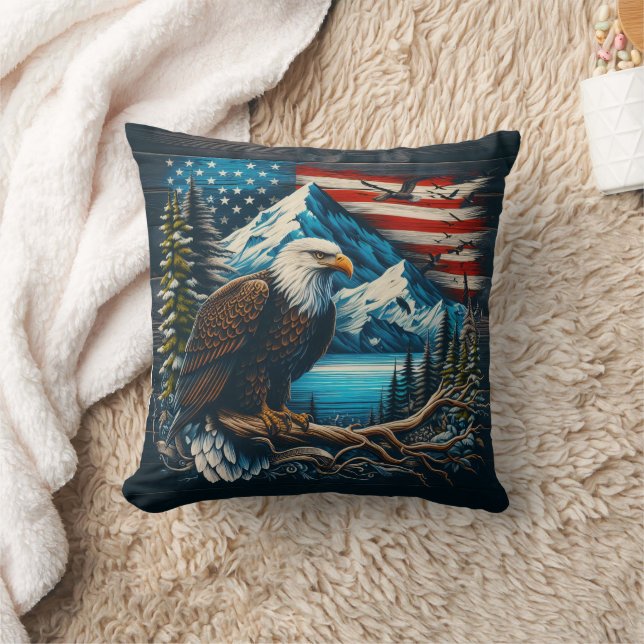 Majestic Eagle Perched With Mountains and Flag Cushion (Blanket)
