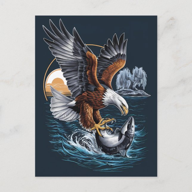 Majestic Eagle Soaring Above Ocean Fish Postcard (Front)