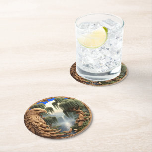 Majestic Eagle Soaring by Waterfall Round Paper Coaster