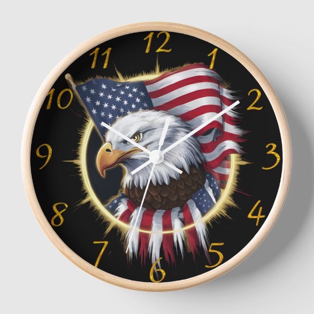 Majestic Eagle Soaring With American Flag Clock (Front)