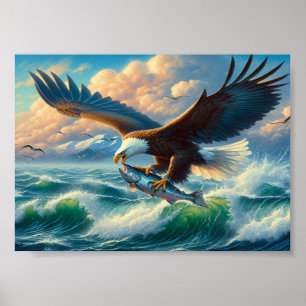 Majestic Eagle Swooping Down to Catch Fish 7"x5" Poster