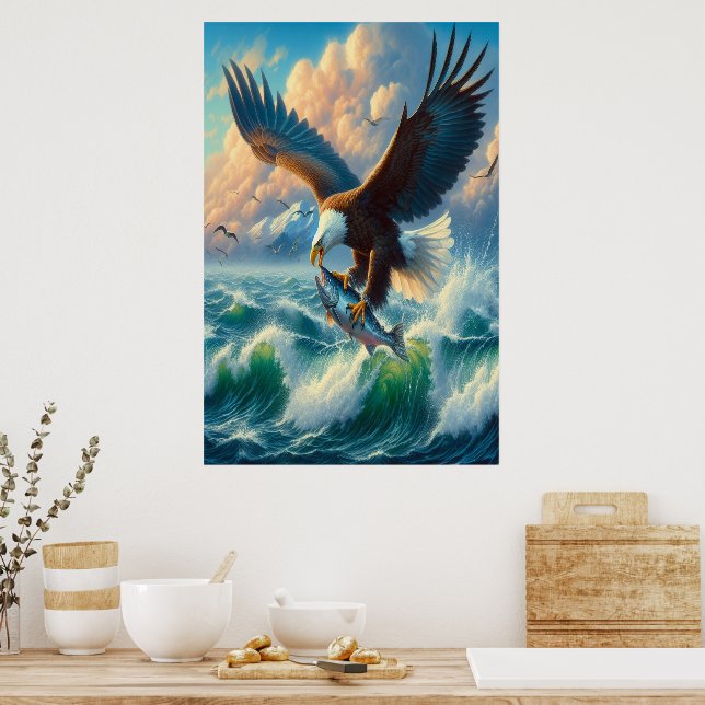 Majestic Eagle Swooping Down to Catch Fish Poster (Kitchen)