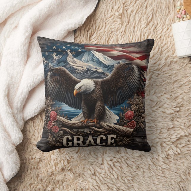 Majestic Eagle With American Flag Background Cushion (Blanket)