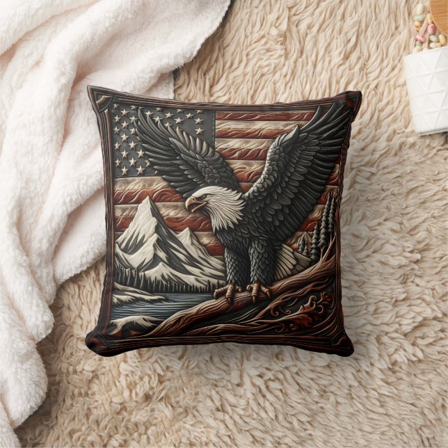 Majestic Eagle With Mountains and American Flag Cushion (Blanket)