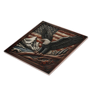 Majestic Eagle With Mountains and American Flag Tile