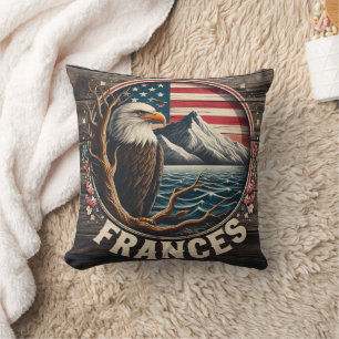 Majestic Eagle With Mountains and Flag Background Cushion