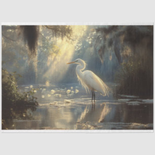 Majestic Egret Standing in a Serene Sunlit Swamp Tissue Paper