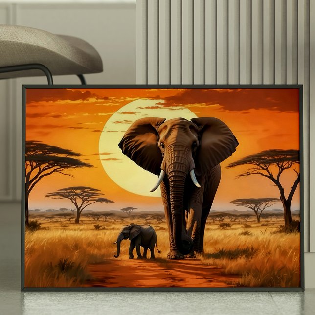 Majestic Elephant and Calf African Sunset Poster  (Creator Uploaded)