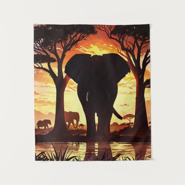 Majestic Elephant at Sunset in the African Savanna Tapestry (Front)