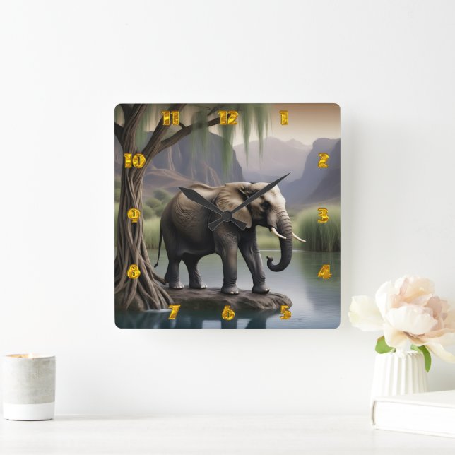 Majestic Elephant at Tranquil Lakeside Dawn Square Wall Clock (Home)