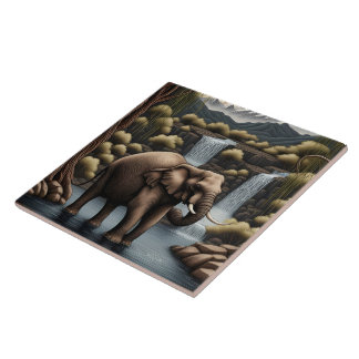 Majestic Elephant by Cascading Waterfalls at Dusk Tile